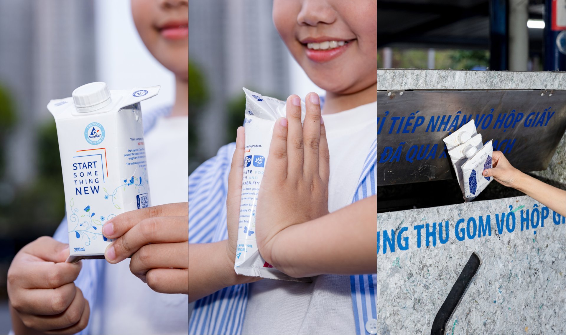 Ba bước tham gia t&aacute;i chế đơn giản gồm l&agrave;m sạch, &eacute;p phẳng v&agrave; bỏ vỏ hộp c&ugrave;ng ống h&uacute;t v&agrave; nắp v&agrave;o c&aacute;c th&ugrave;ng thu gom ph&ugrave; hợp