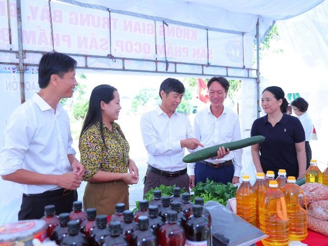 C&aacute;c đại biểu tham quan gian h&agrave;ng giới thiệu đặc sản, sản phẩm địa phương.