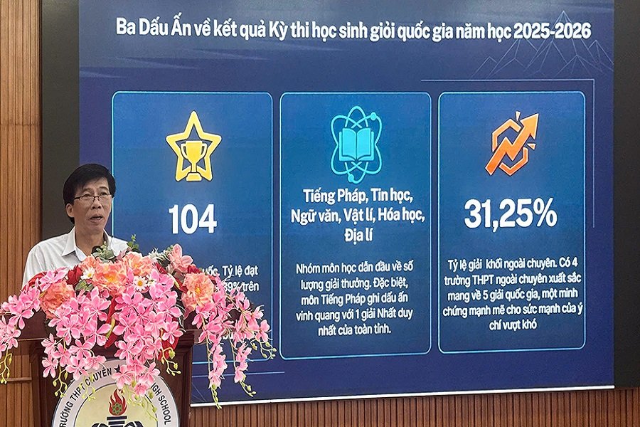 Ông Lê Văn Long, Trưởng phòng Giáo dục Trung học Sở Giáo dục và Đào tạo báo cáo kết quả thi học sinh giỏi quốc gia năm 2026. Ông Lê Văn Long, Trưởng phòng Giáo dục Trung học Sở Giáo dục và Đào tạo báo cáo kết quả thi học sinh giỏi quốc gia năm 2026.
