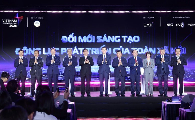 C&aacute;c đồng ch&iacute; l&atilde;nh đạo ph&aacute;t động Ng&agrave;y hội Đổi mới s&aacute;ng tạo quốc gia năm 2026 - Ảnh: chinhphu.vn/Gia Huy