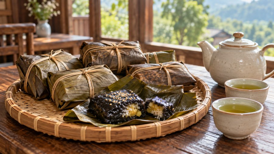 Đen óng dưới lớp lá chuối khô, bánh gai Chiêm Hóa hấp dẫn bởi vỏ nếp dẻo thơm và nhân đậu xanh bùi béo. Đen óng dưới lớp lá chuối khô, bánh gai Chiêm Hóa hấp dẫn bởi vỏ nếp dẻo thơm và nhân đậu xanh bùi béo.