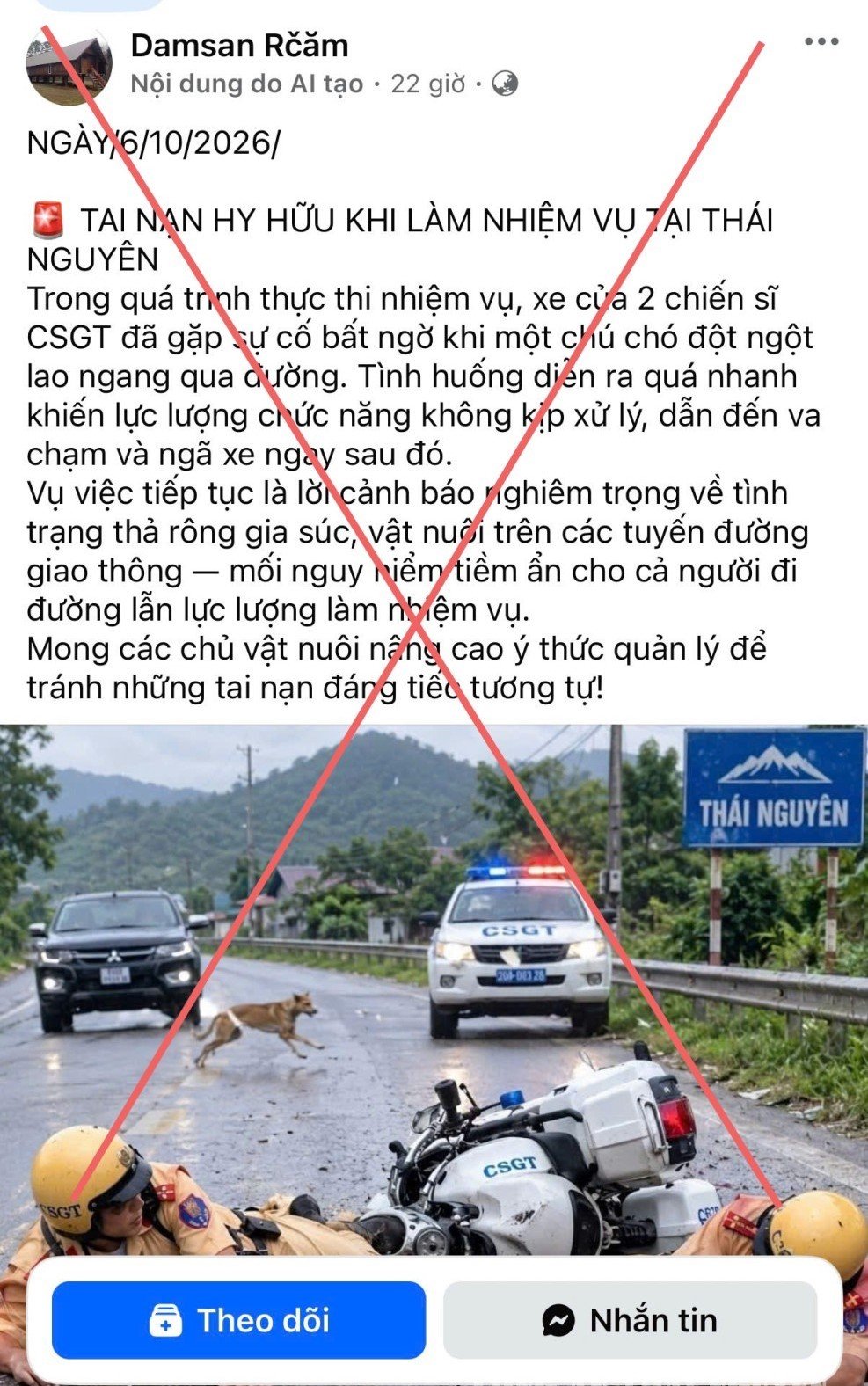 Th&ocirc;ng tin sai sự thật về vụ tai nạn giao th&ocirc;ng. Ảnh: congan.thainguyen.gov.vn