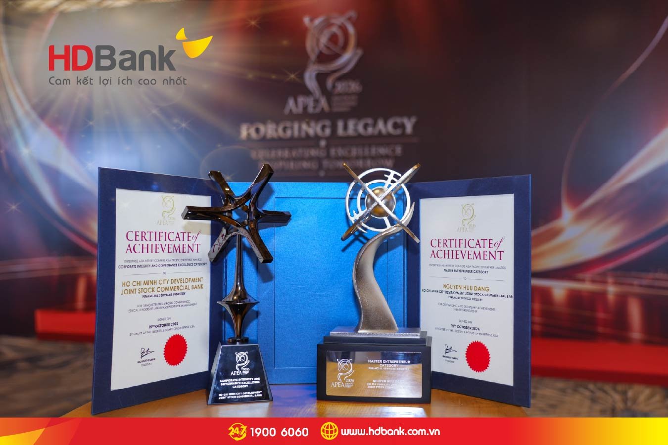 HDBank nhận giải “Doanh nghiệp Quản trị Bền vững và Minh bạch” tại Asia Pacific Enterprise Awards (APEA) 2026. Cùng sự kiện, ông Nguyễn Hữu Đặng - Tổng Giám đốc HDBank được trao giải “Doanh nhân xuất sắc châu Á” HDBank nhận giải “Doanh nghiệp Quản trị Bền vững và Minh bạch” tại Asia Pacific Enterprise Awards (APEA) 2026. Cùng sự kiện, ông Nguyễn Hữu Đặng - Tổng Giám đốc HDBank được trao giải “Doanh nhân xuất sắc châu Á”