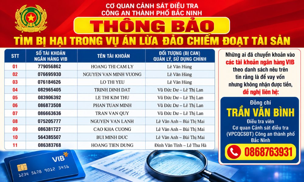 Cơ quan điều tra th&ocirc;ng b&aacute;o những ai đ&atilde; chuyển tiền v&agrave;o 11 t&agrave;i khoản ng&acirc;n h&agrave;ng VIB (theo danh s&aacute;ch đăng tải), li&ecirc;n quan đến c&aacute;c bị can trong vụ &aacute;n, đề nghị li&ecirc;n hệ đồng ch&iacute; Trần Văn B&igrave;nh, Điều tra vi&ecirc;n Cơ quan Cảnh s&aacute;t điều tra qua số điện thoại 0868.763.931 để được hướng dẫn.