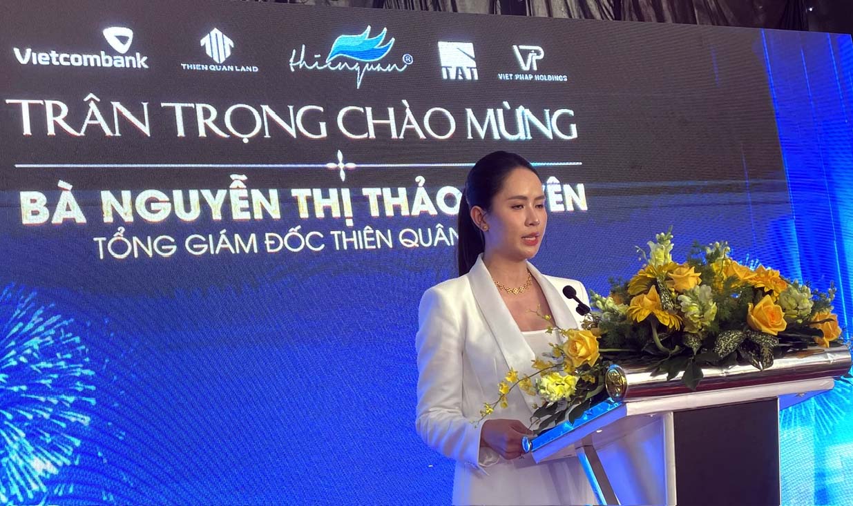 B&agrave; Nguyễn Thị Thảo Quy&ecirc;n, Tổng Gi&aacute;m đốc Thi&ecirc;n Qu&acirc;n Group ph&aacute;t biểu Lễ khởi c&ocirc;ng dự &aacute;n Thi&ecirc;n Qu&acirc;n Apartment