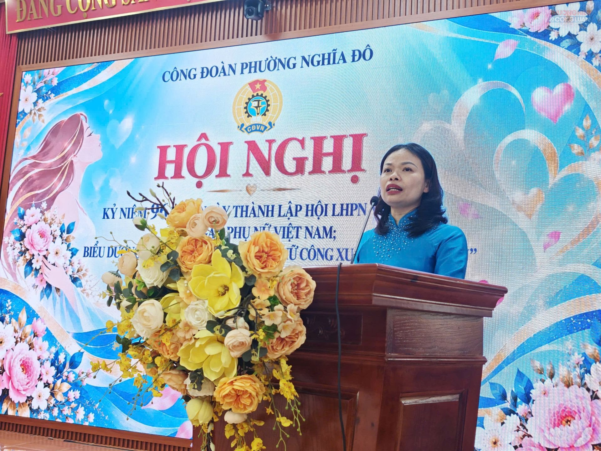 Ph&oacute; Chủ tịch C&ocirc;ng đo&agrave;n phường Nghĩa Đ&ocirc; Nguyễn Thu Hiền ph&aacute;t biểu tại chương tr&igrave;nh, khẳng định phụ nữ Việt Nam lu&ocirc;n ph&aacute;t huy truyền thống y&ecirc;u nước, đo&agrave;n kết, s&aacute;ng tạo, đ&oacute;ng g&oacute;p t&iacute;ch cực v&agrave;o sự nghiệp x&acirc;y dựng v&agrave; bảo vệ Tổ quốc.