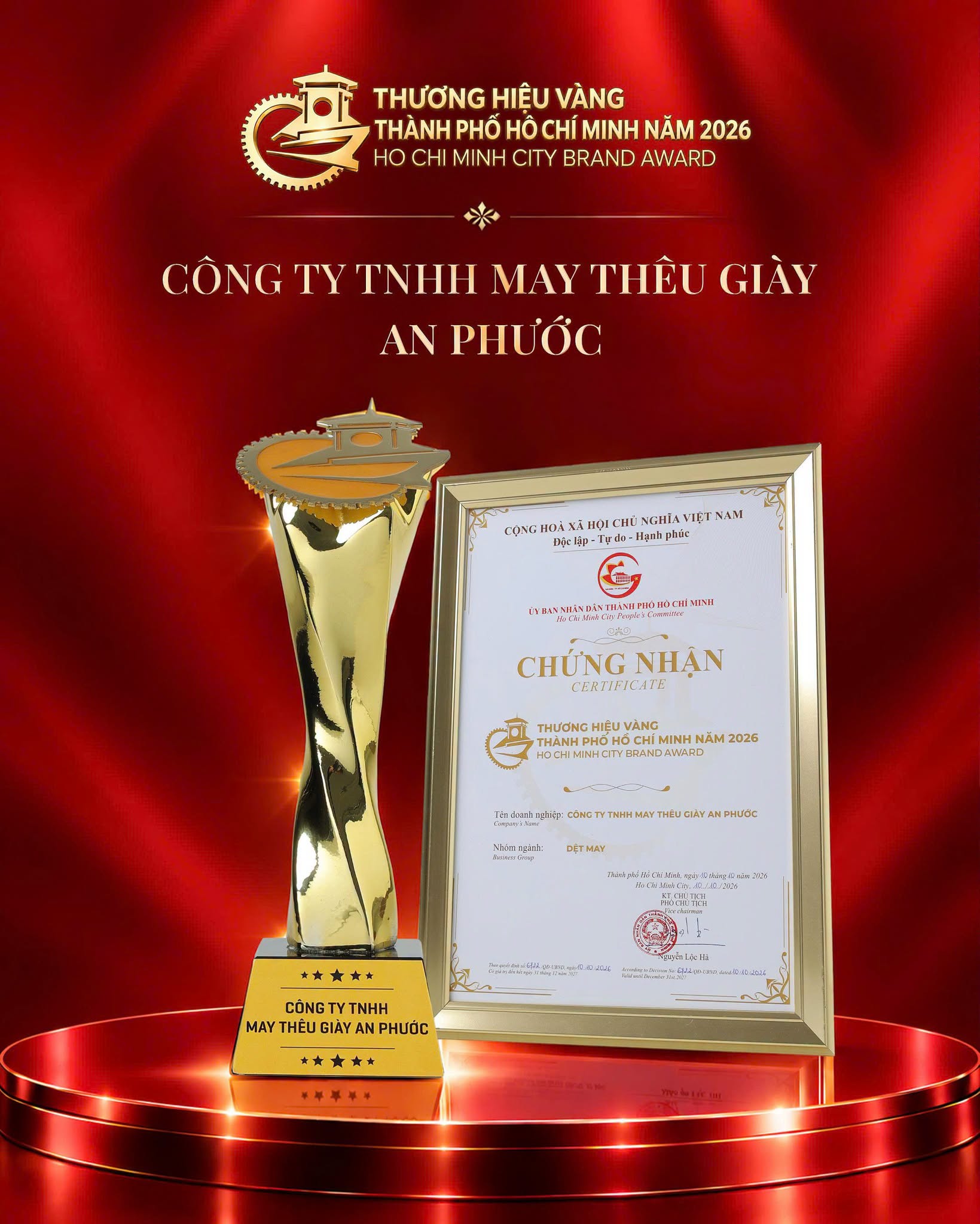 An Phước được vinh danh tại Giải thưởng Thương hiệu V&agrave;ng TP. HCM 2026