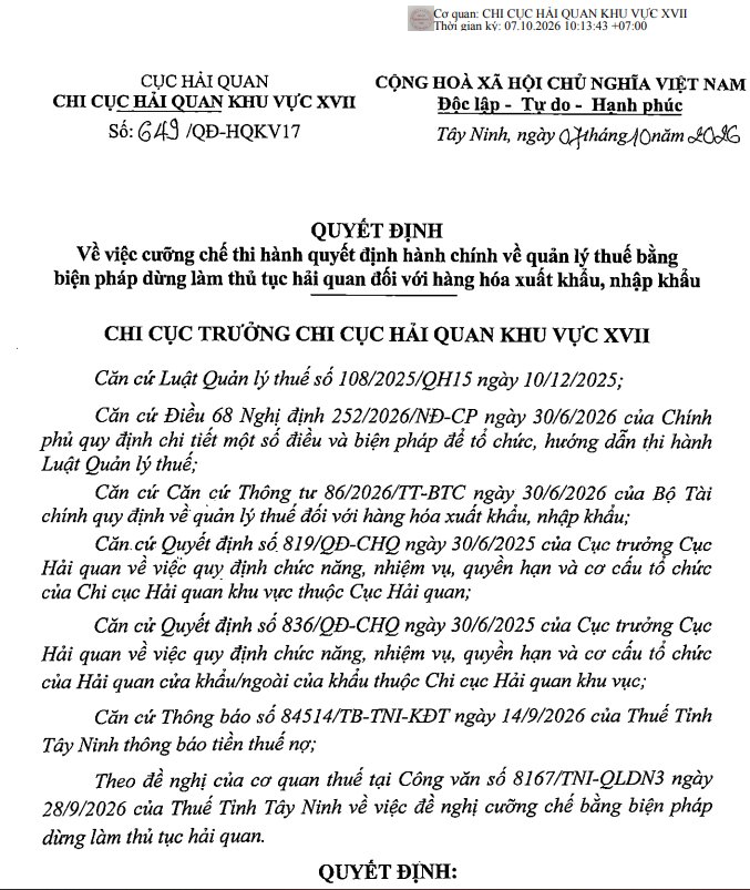 Một phần Quyết định số 649/QĐ-HQKV17