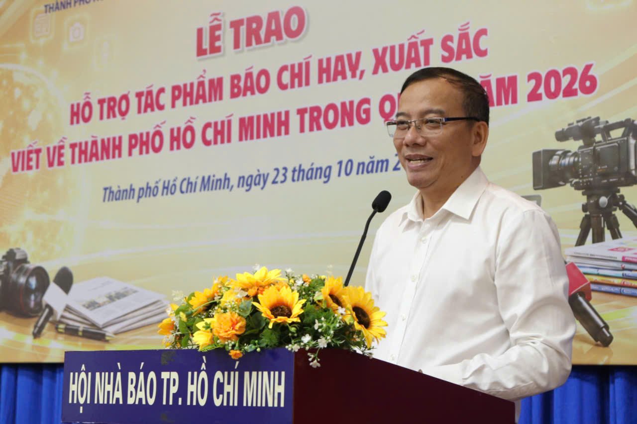 Ông Nguyễn Minh Hải, Trưởng Phòng Tuyên truyền, Báo chí - Xuất bản, Ban Tuyên giáo Thành ủy TP.HCM, phát biểu tại lễ trao giải các tác phẩm báo chí xuất sắc viết về TP.HCM quý III năm 2026. Ông Nguyễn Minh Hải, Trưởng Phòng Tuyên truyền, Báo chí - Xuất bản, Ban Tuyên giáo Thành ủy TP.HCM, phát biểu tại lễ trao giải các tác phẩm báo chí xuất sắc viết về TP.HCM quý III năm 2026.