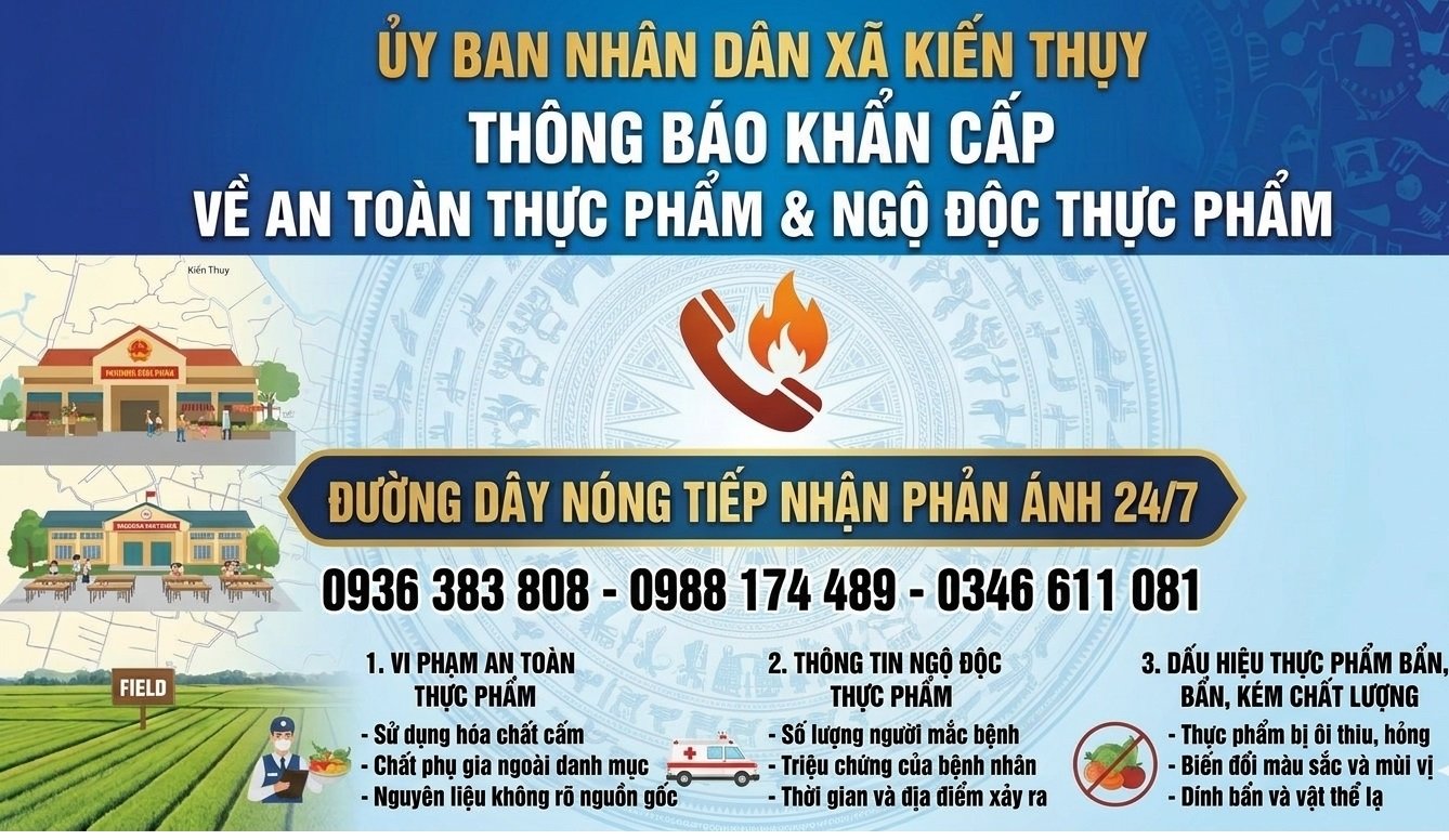 Công khai đường dây nóng, đầu mối tiếp nhận phản ánh, kiến nghị về ATTP và thông tin ngộ độc thực phẩm trên địa bàn xã Kiến Thụy. Công khai đường dây nóng, đầu mối tiếp nhận phản ánh, kiến nghị về ATTP và thông tin ngộ độc thực phẩm trên địa bàn xã Kiến Thụy.