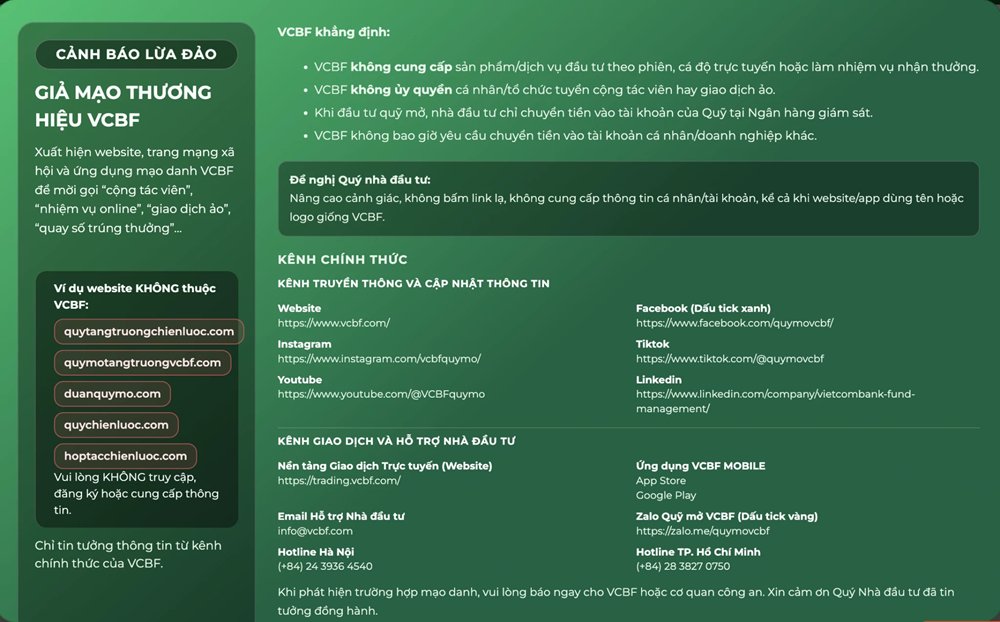 Website giả mạo sử dụng tên và hình ảnh của VCBF để tạo lòng tin, sau đó dẫn người dùng đến nền tảng yêu cầu mở tài khoản và nạp tiền. Website giả mạo sử dụng tên và hình ảnh của VCBF để tạo lòng tin, sau đó dẫn người dùng đến nền tảng yêu cầu mở tài khoản và nạp tiền.