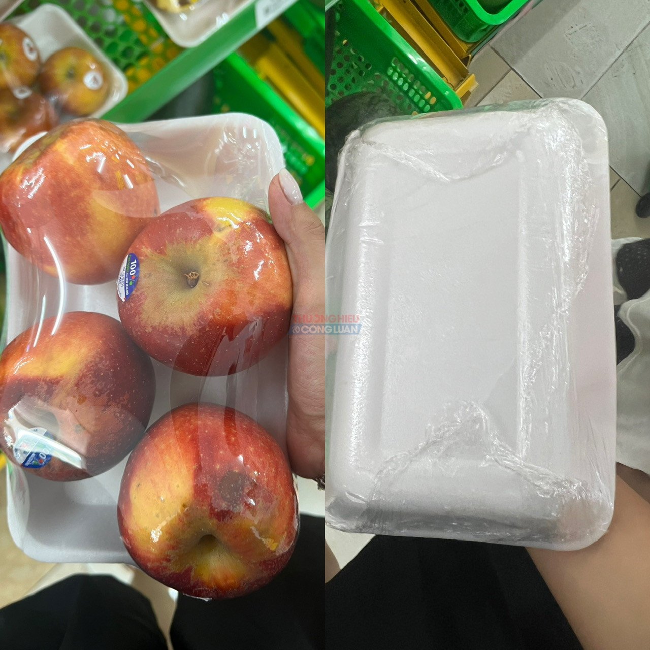 Táo chia khay, bọc nilong nhưng không có tem nhãn phụ tiếng Việt để cung cấp thông tin cho người tiêu dùng Táo chia khay, bọc nilong nhưng không có tem nhãn phụ tiếng Việt để cung cấp thông tin cho người tiêu dùng