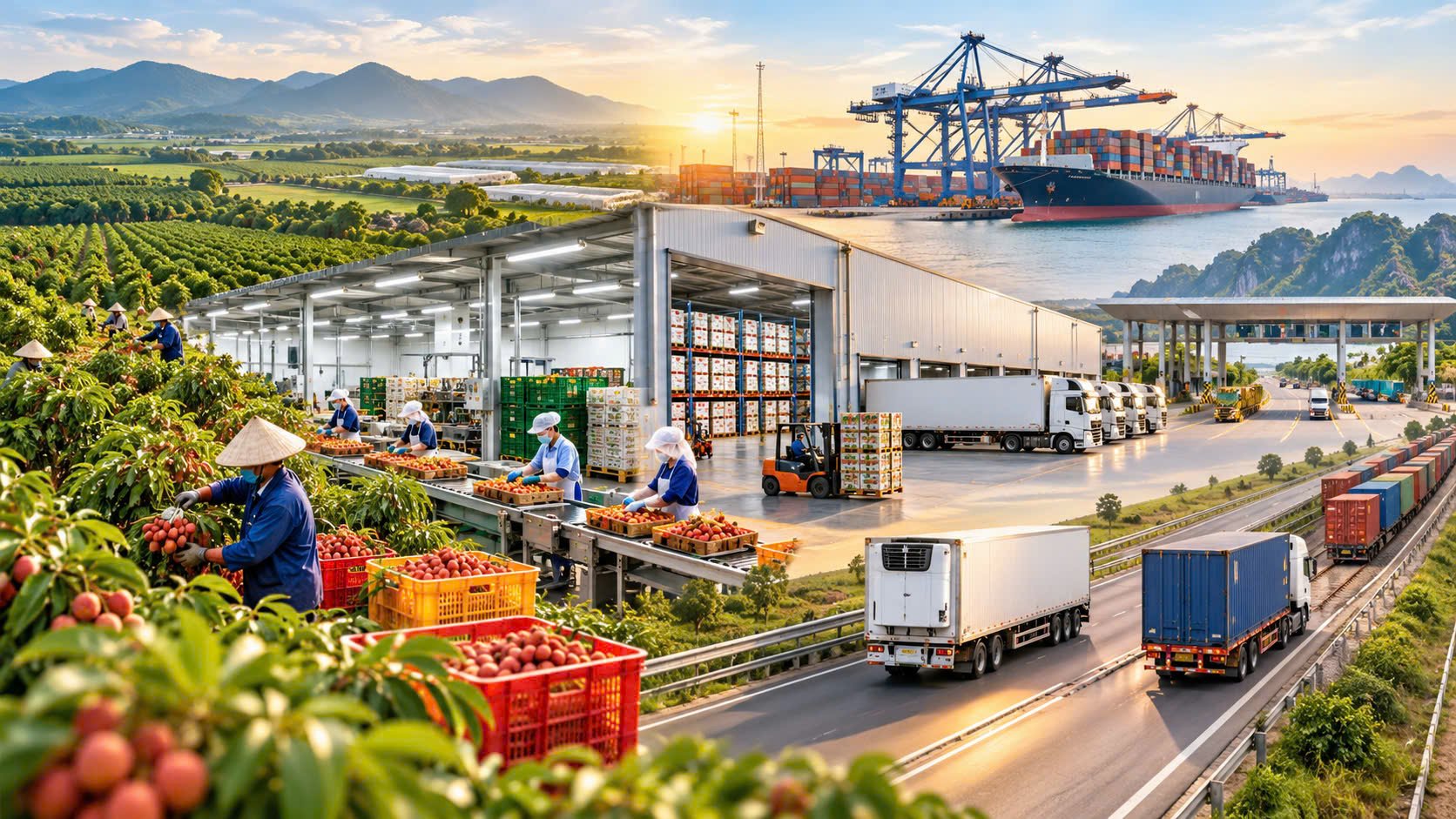 Kết nối giữa v&ugrave;ng sản xuất, kho b&atilde;i, cảng biển v&agrave; cửa khẩu l&agrave; yếu tố quan trọng gi&uacute;p doanh nghiệp kiểm so&aacute;t chi ph&iacute; logistics. Ảnh AI