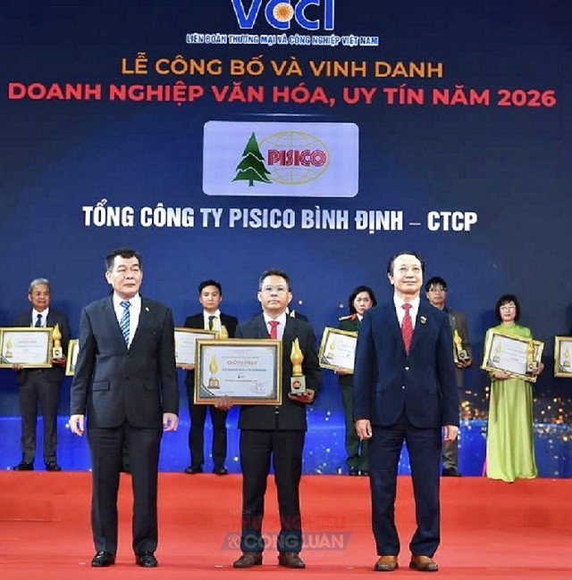 Ông Nguyễn Hoàng Hải, Tổng giám đốc PISICO Bình Định (đứng giữa) nhận danh hiệu. Ảnh: L-Vy Ông Nguyễn Hoàng Hải, Tổng giám đốc PISICO Bình Định (đứng giữa) nhận danh hiệu. Ảnh: L-Vy